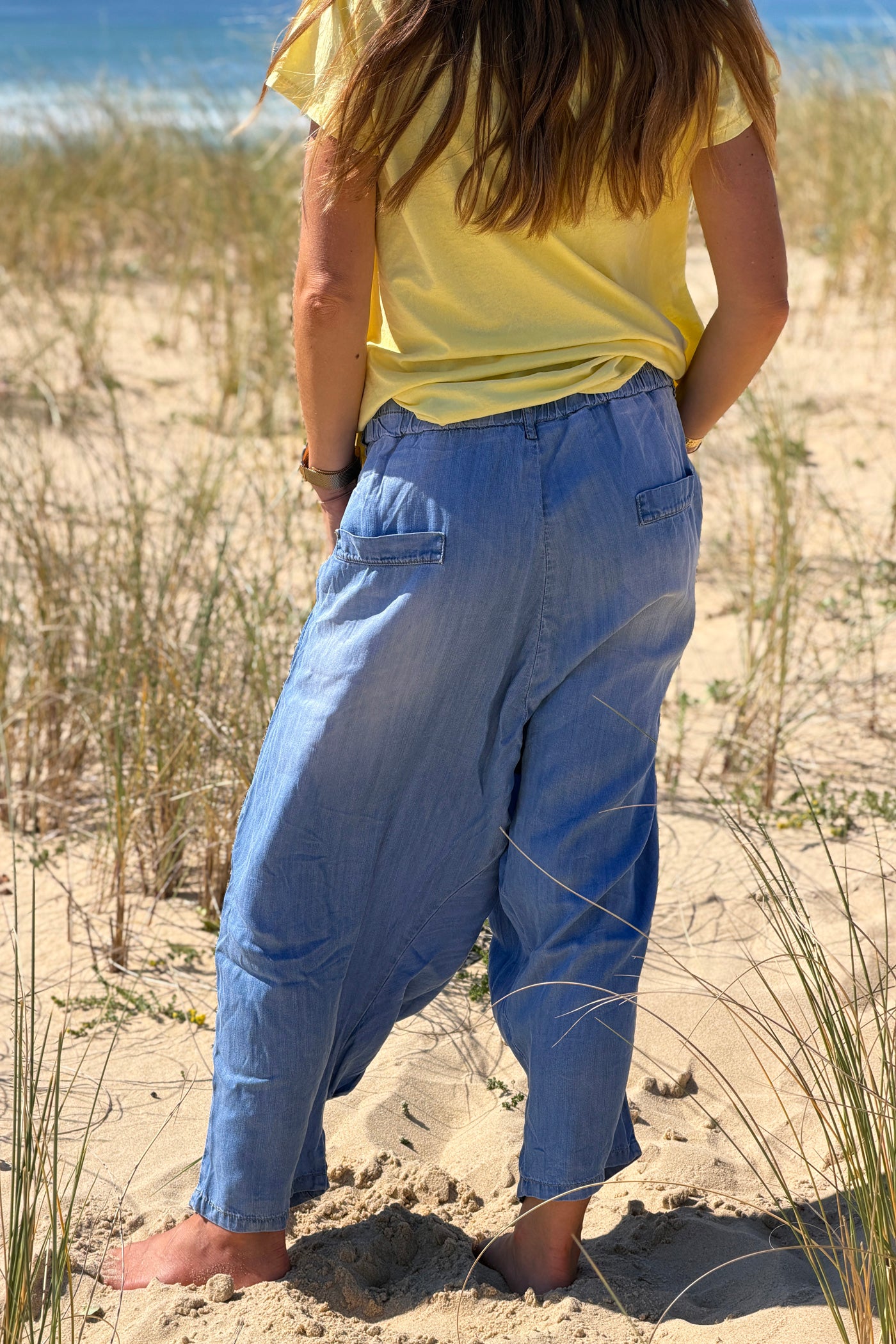 Pantalon fluide en lyocell effet denim rabat devant