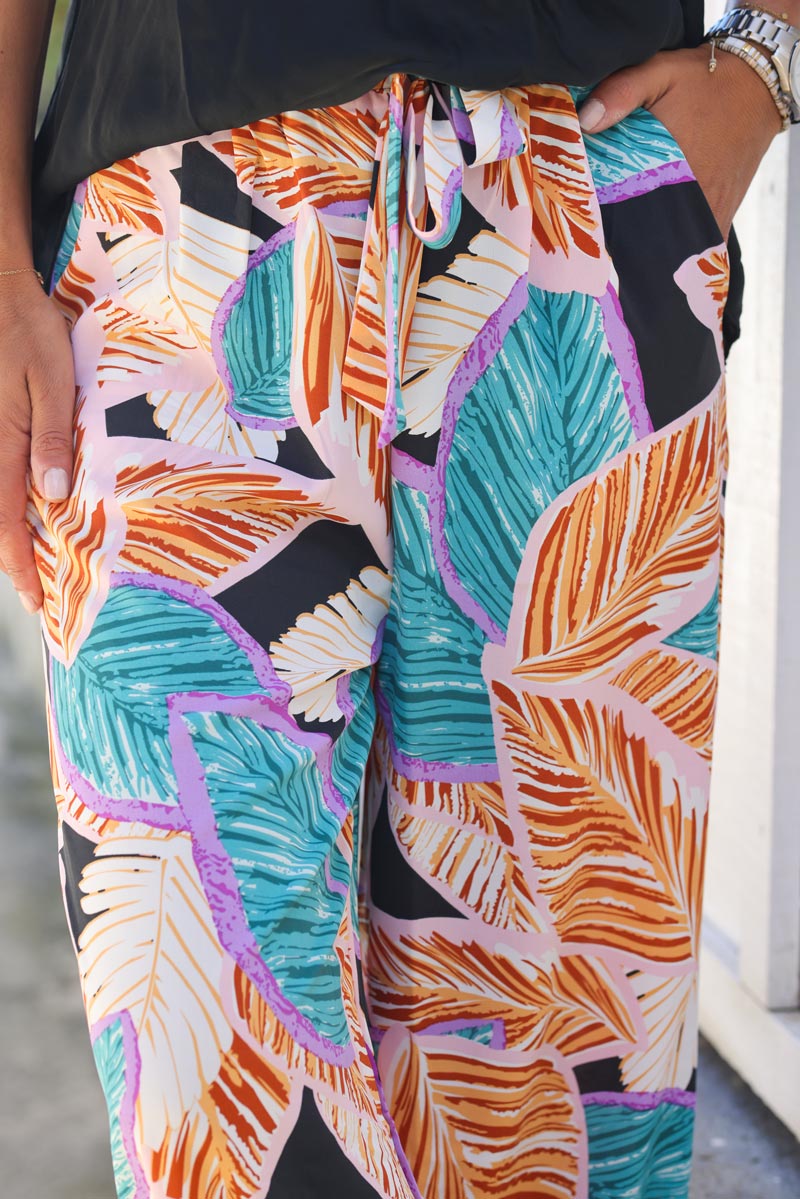 Pantalon fluide et large imprime feuille roses G126 (1)