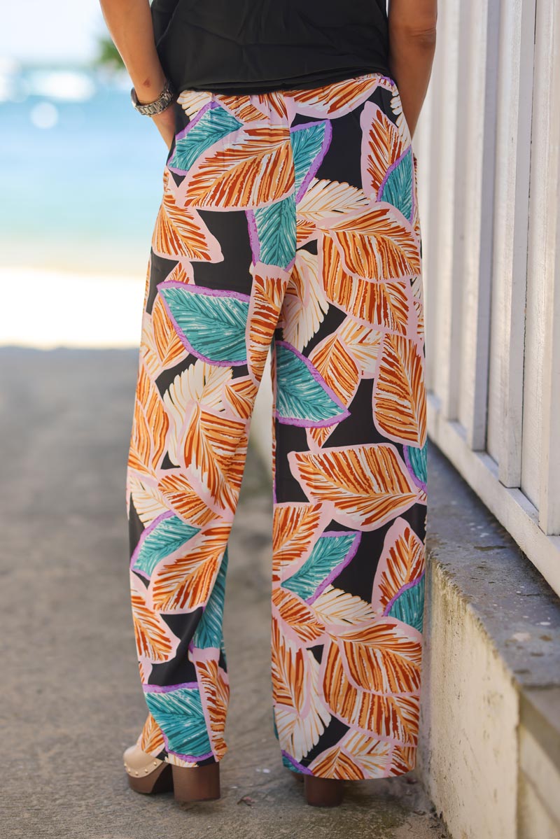 Pantalon fluide et large imprime feuille roses G126 (1)
