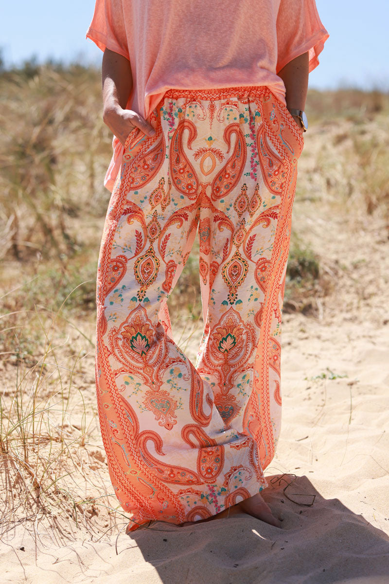 Pantalon fluide et large imprimé paisley cachemire orange ceinture élastique