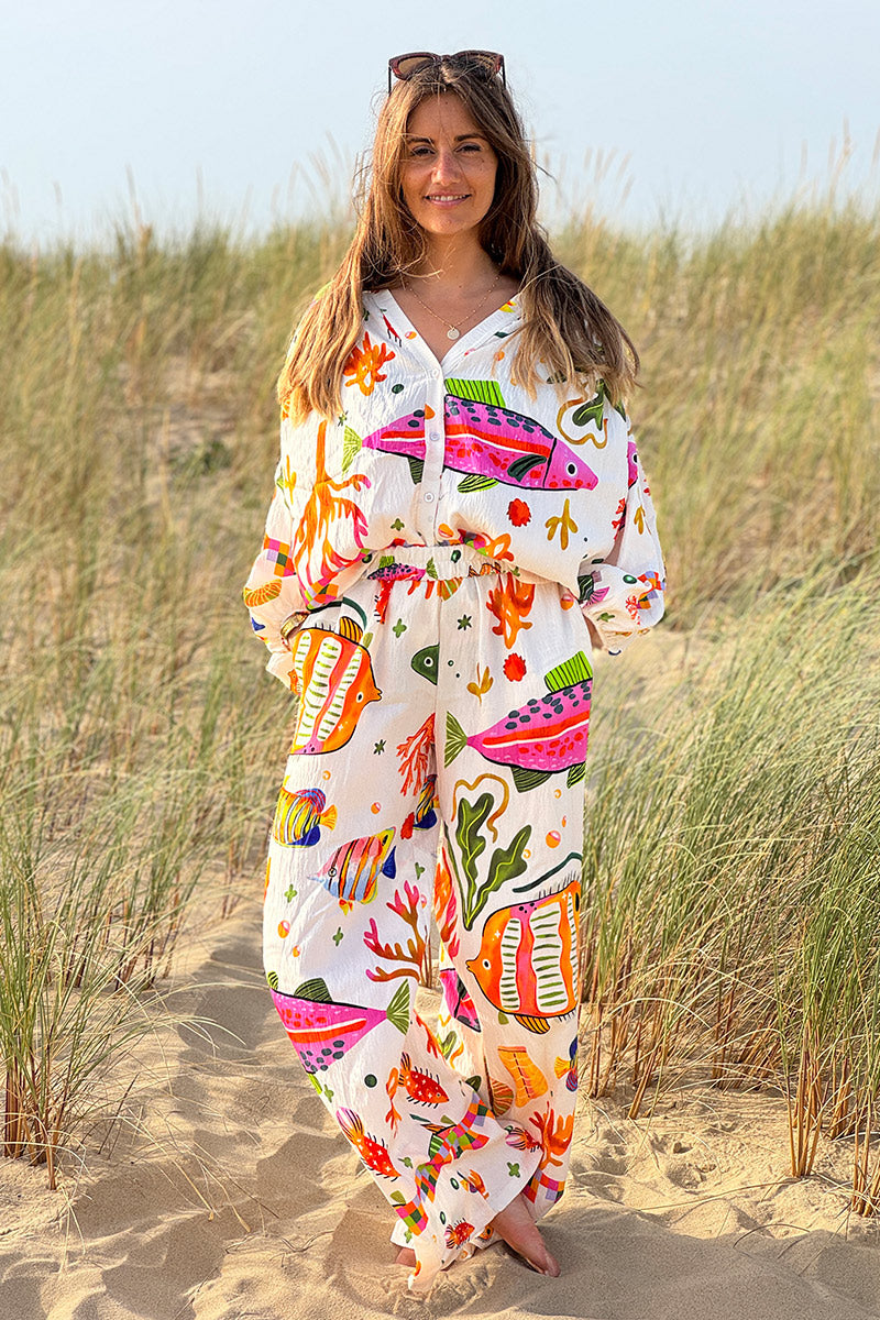 Pantalon fluide imprimé poissons tropicaux colorés