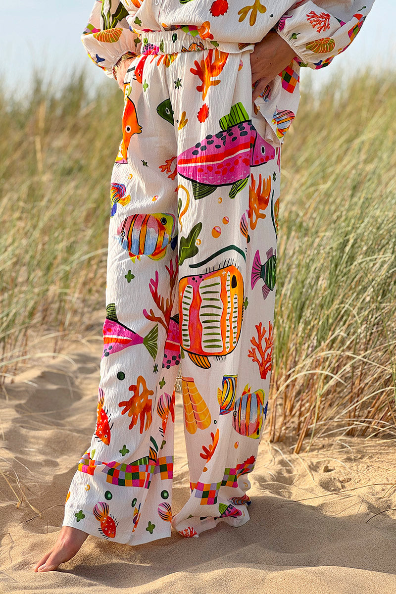 Pantalon fluide imprimé poissons tropicaux colorés