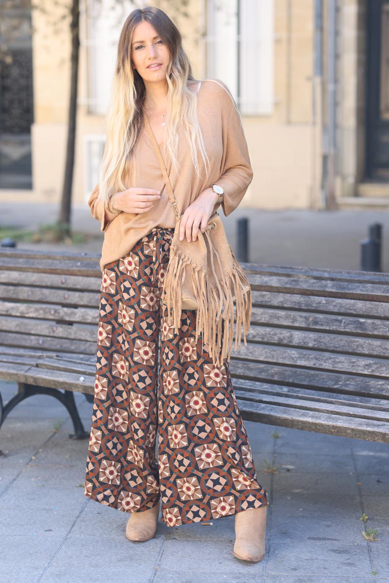 Pantalon fluide imprime rosaces noir G195 (1)