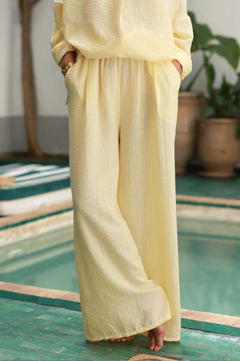 Pastel Yellow Pinstripe Woven Wide-Leg Trousers