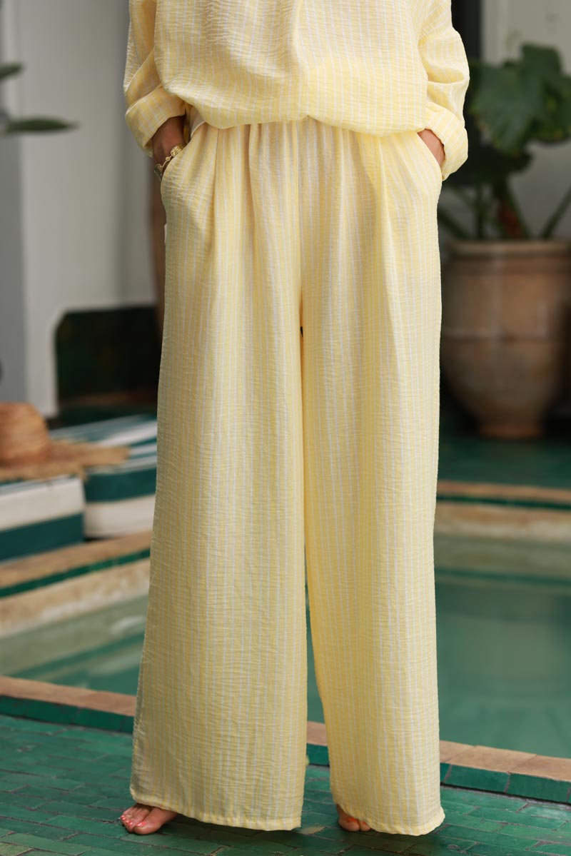 Pastel Yellow Pinstripe Woven Wide-Leg Trousers