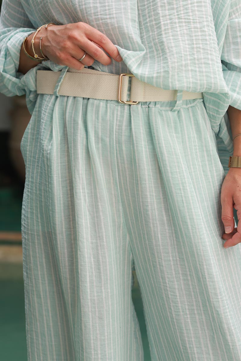 Water Green Pinstripe Woven Wide-Leg Trousers