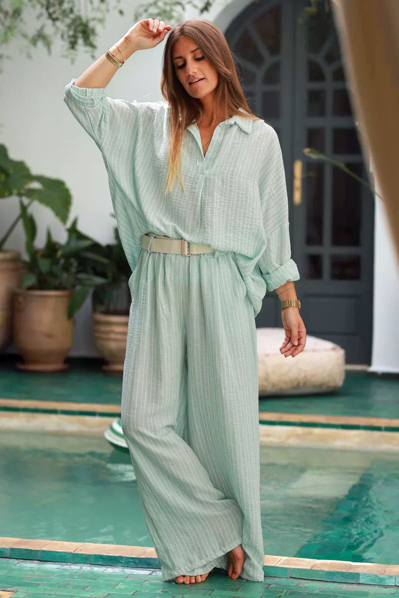 Pantalon fluide large vert d'eau rayures blanches taille élastique