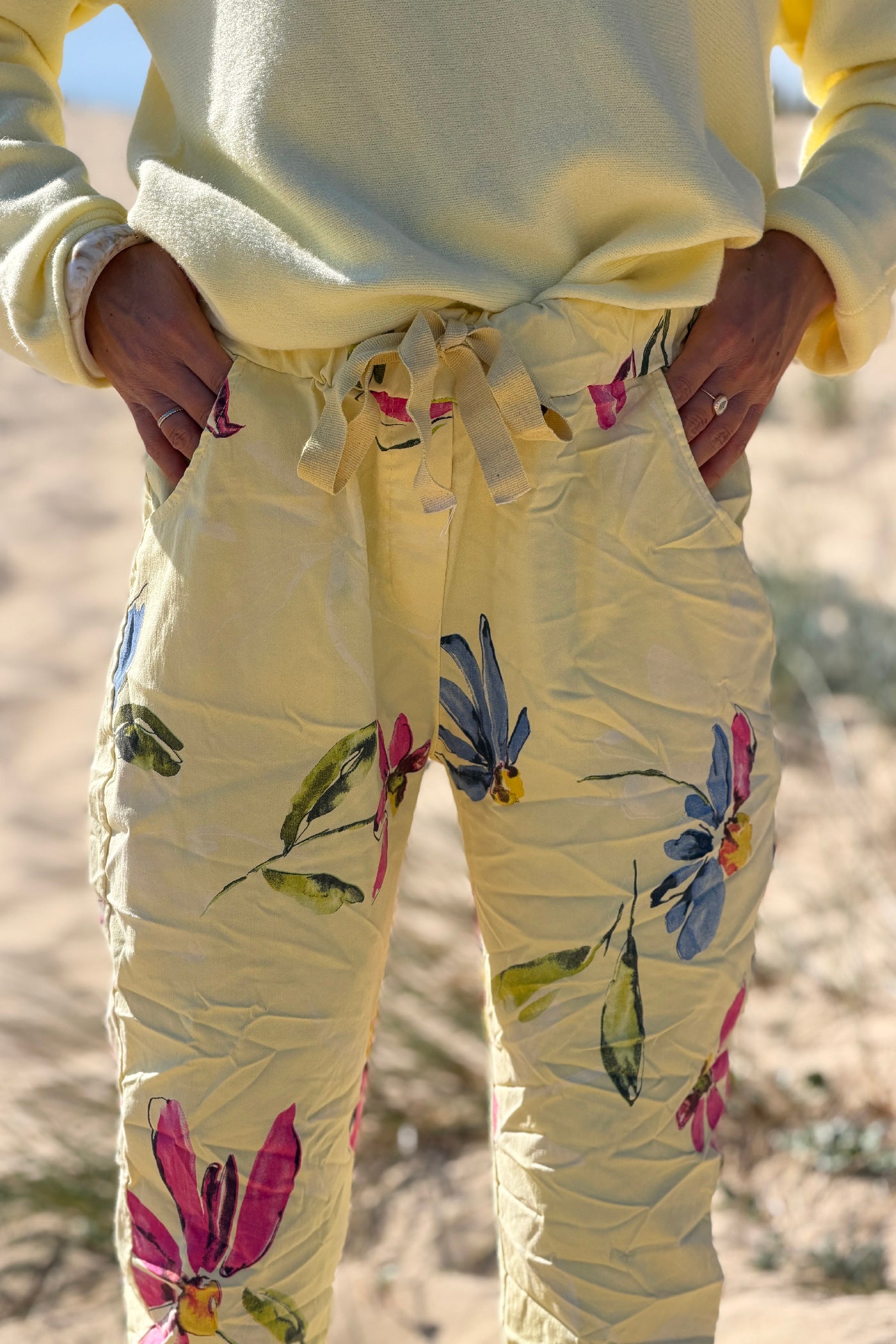 Yellow Floral Art Print Pull-On Pants