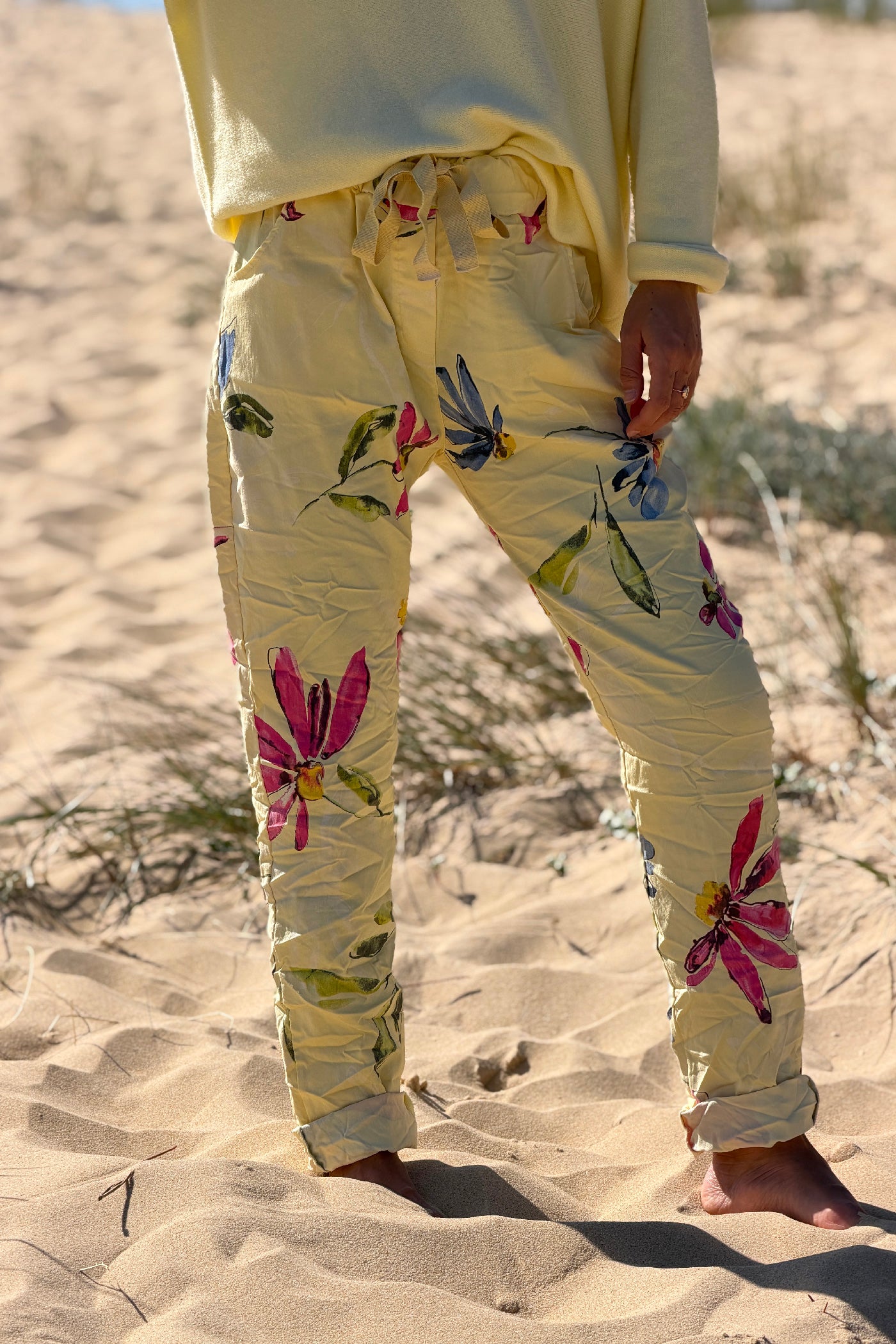 Yellow Floral Art Print Pull-On Pants