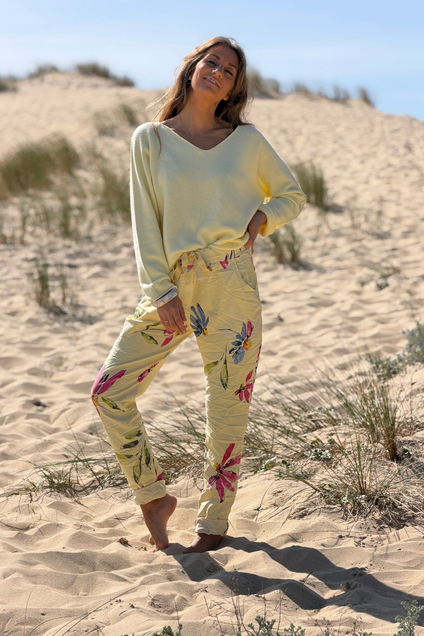 Yellow Floral Art Print Pull-On Pants