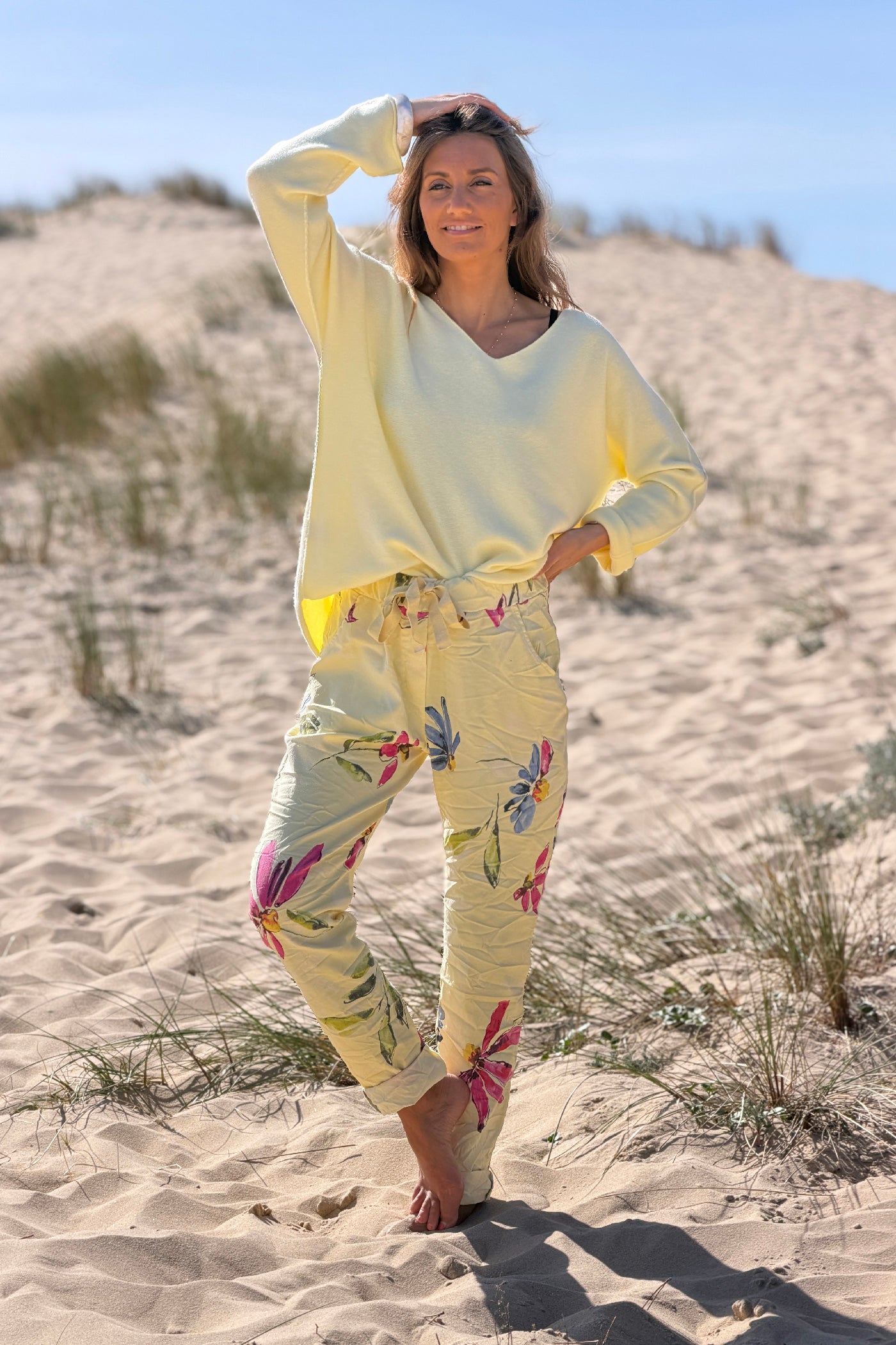 Yellow Floral Art Print Pull-On Pants