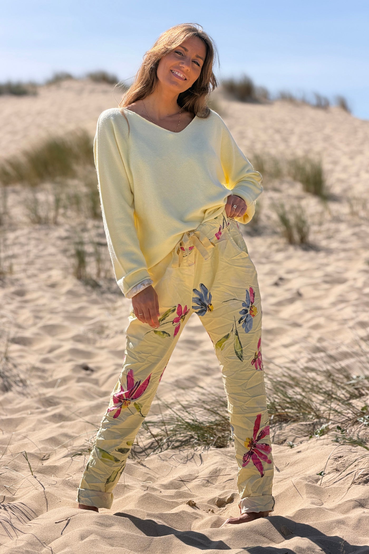 Yellow Floral Art Print Pull-On Pants