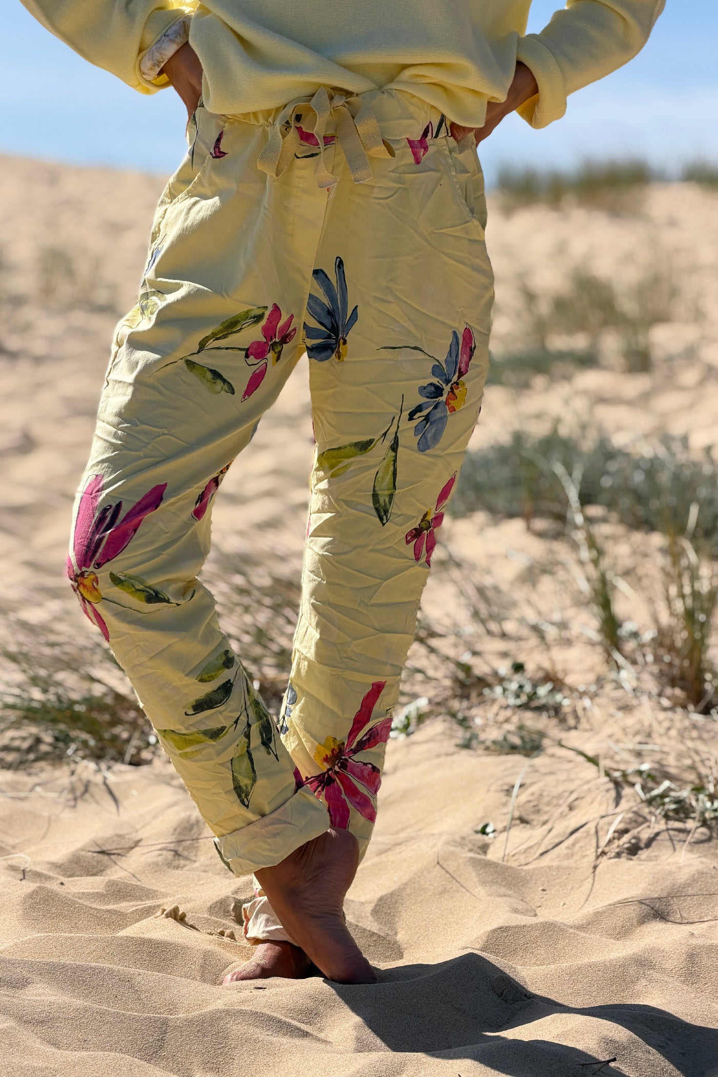 Yellow Floral Art Print Pull-On Pants