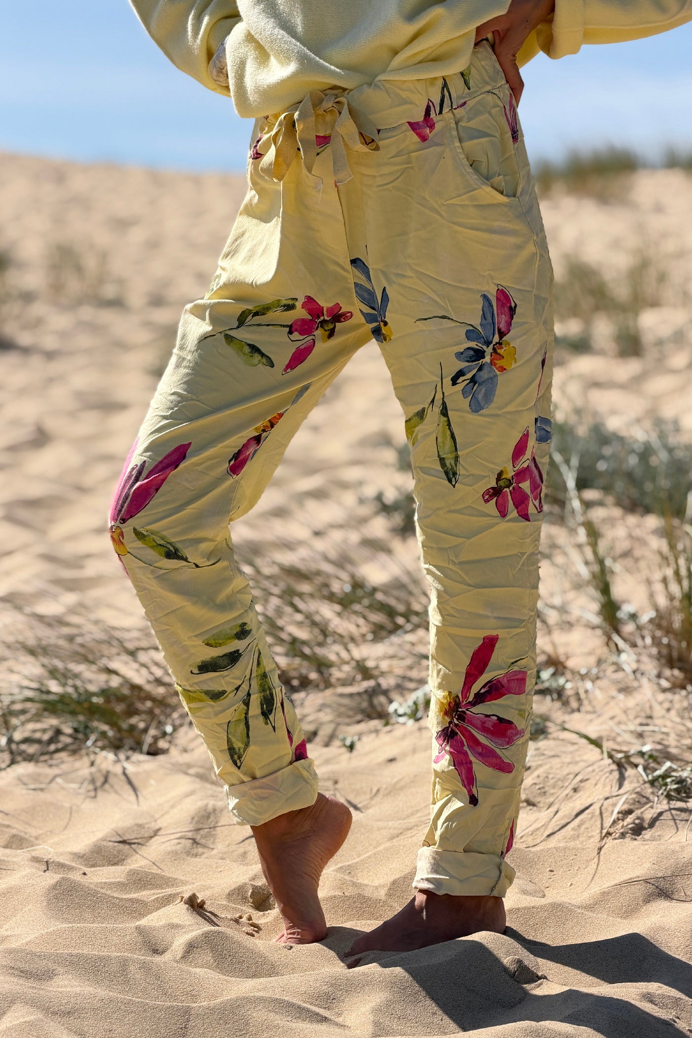 Yellow Floral Art Print Pull-On Pants