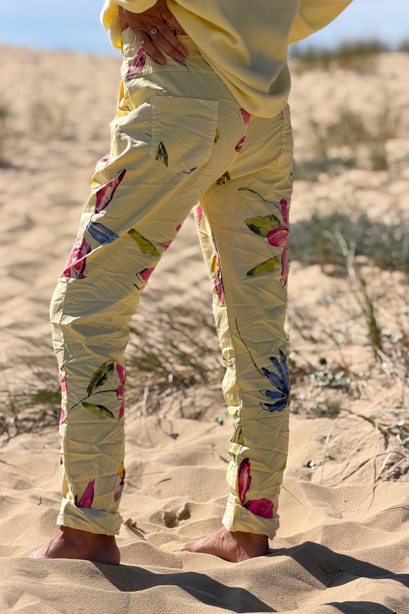 Yellow Floral Art Print Pull-On Pants