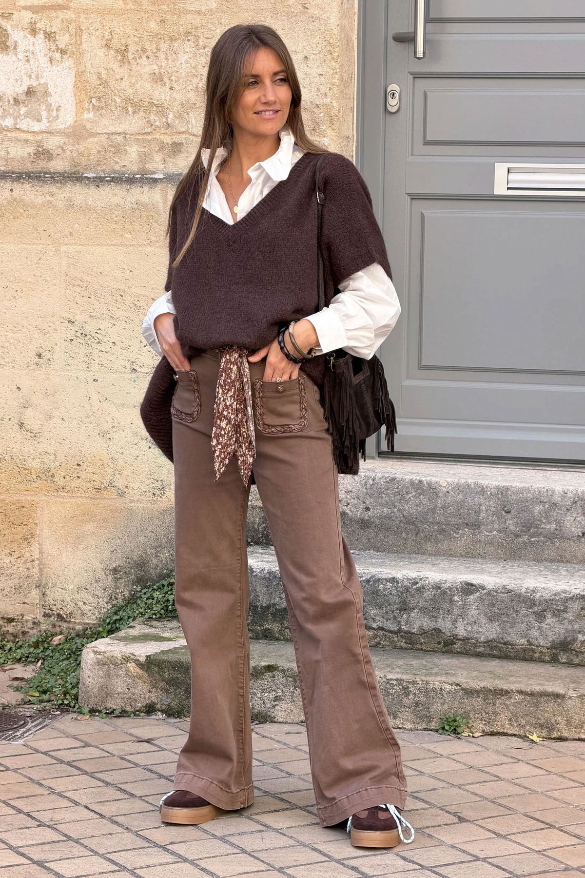 Brown V-Neck Sweater Poncho