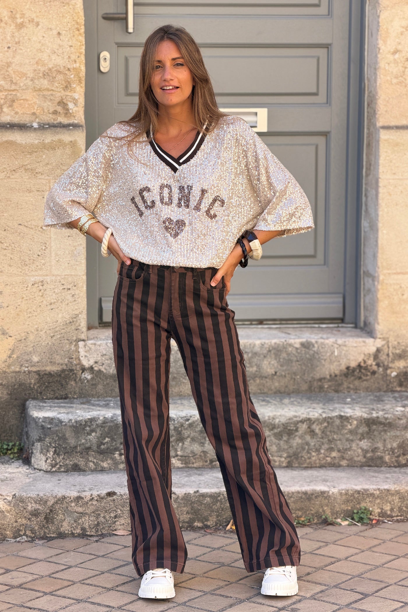 Pantalon jean rayures verticales chocolat et marron wide leg