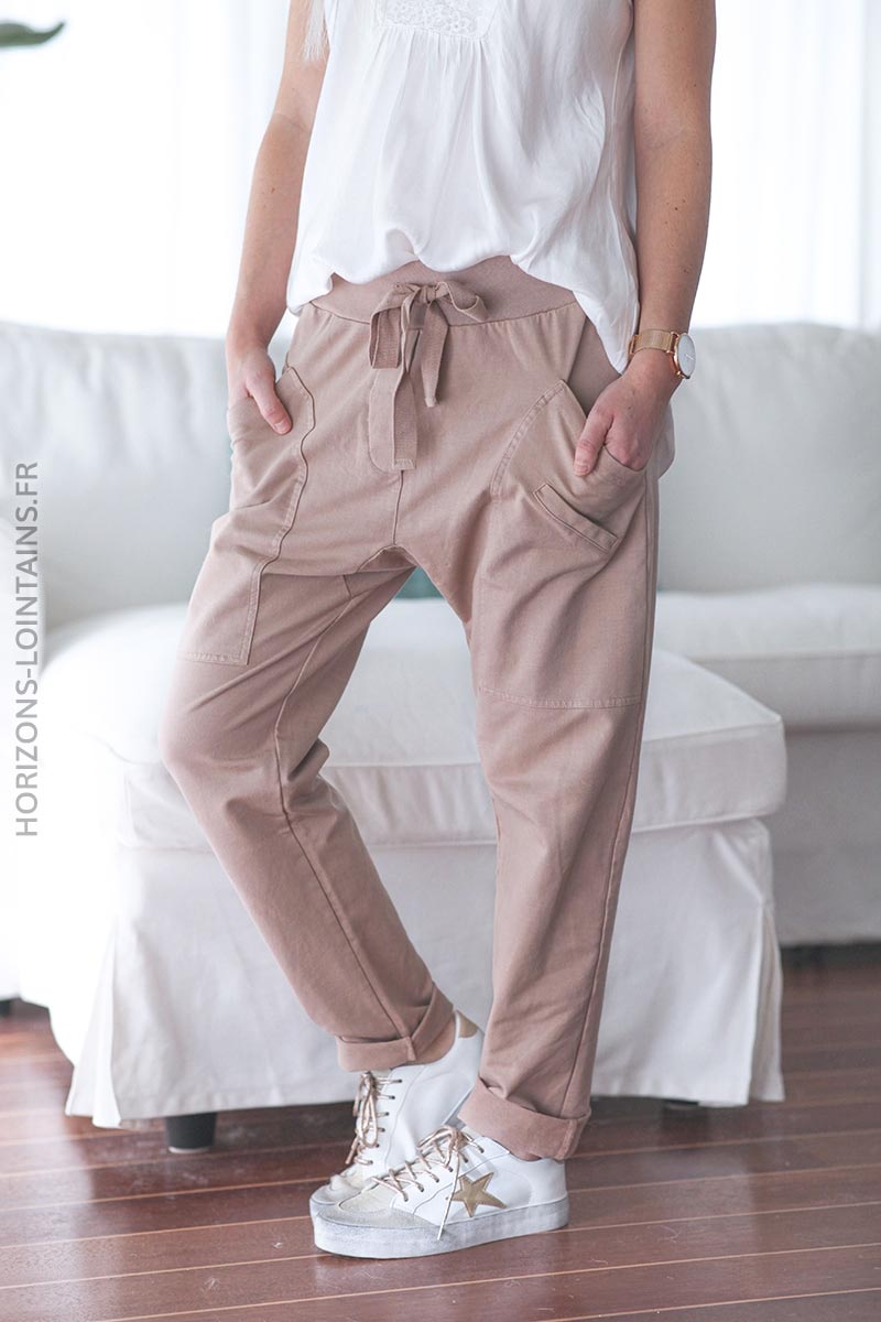 Pantalon jogging urbain grande poches décontracté confort couleur café au lait BAS-004