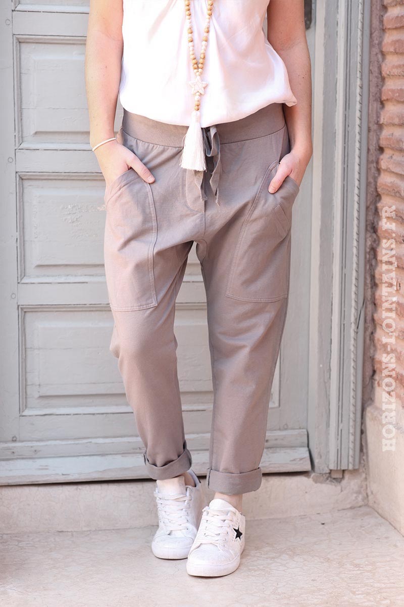 Pantalon jogging urbain grande poches décontracté confort couleur gris taupe BAS-004