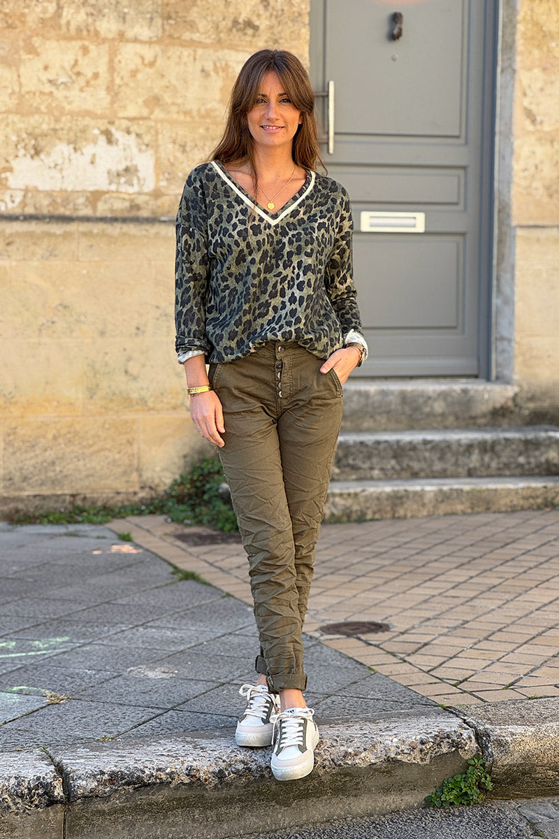 Slim Fit Olive Jeans with Silver Ankle Hem Edging