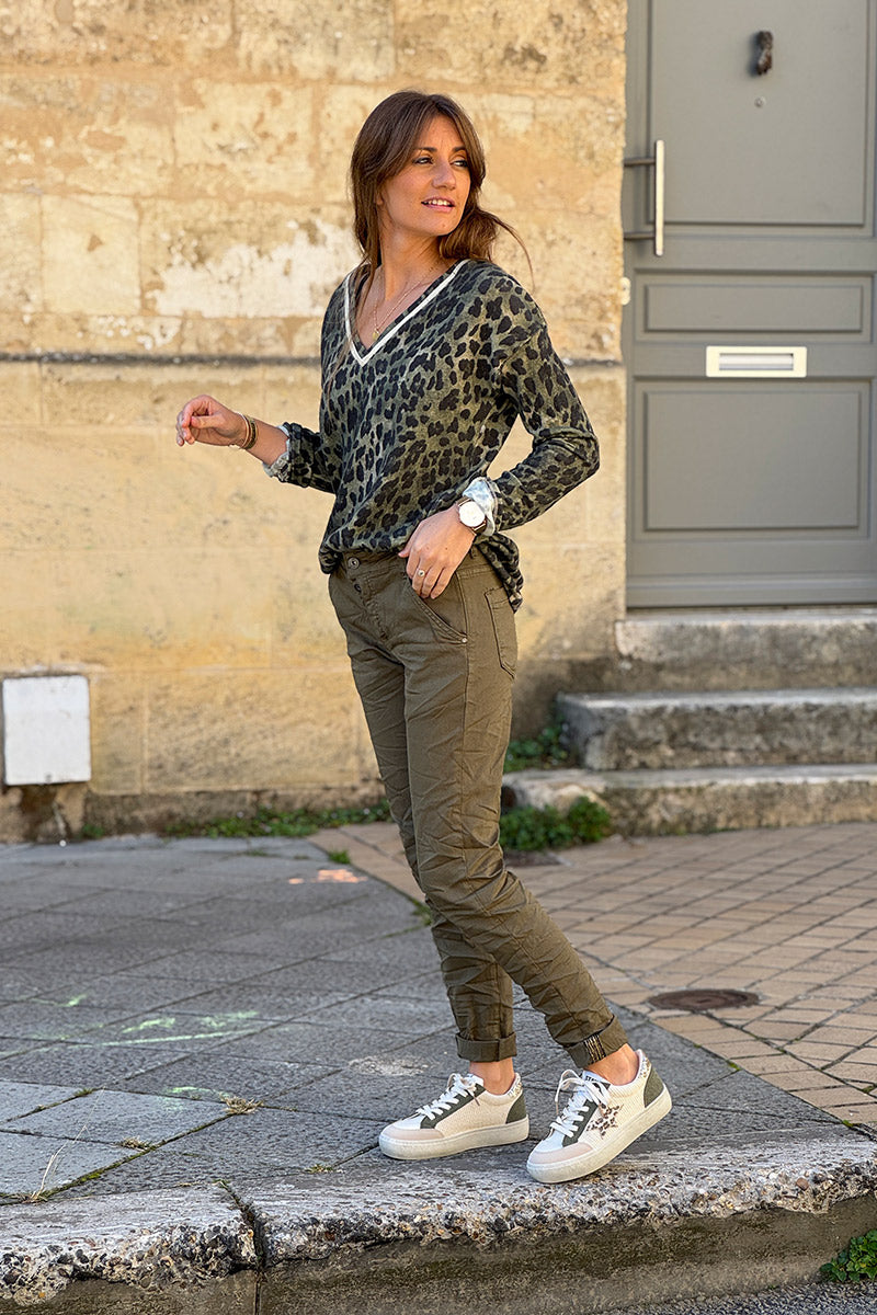 Slim Fit Olive Jeans with Silver Ankle Hem Edging