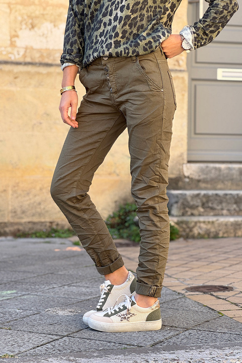 Slim Fit Olive Jeans with Silver Ankle Hem Edging