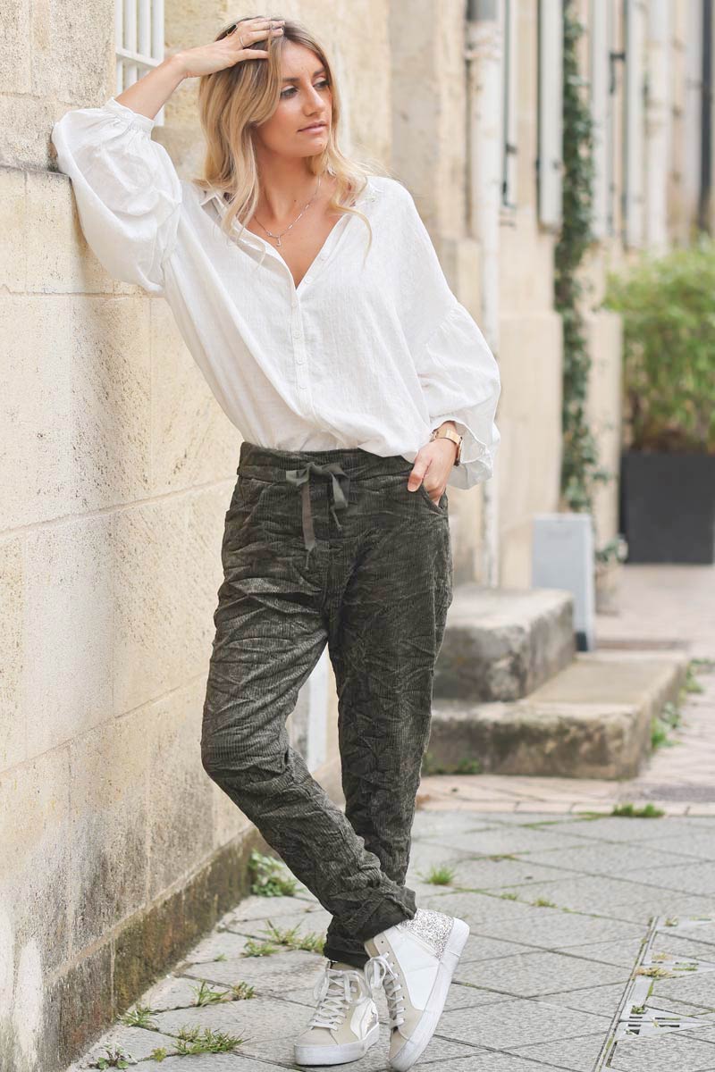 Pantalon kaki confort stretch et souple en velours cotele E213 (1)