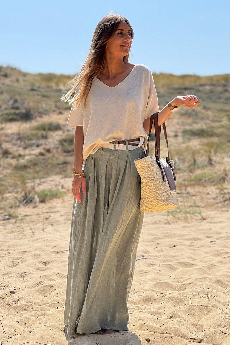 Pantalon kaki délavé en coton très large et évasé avec ceinture