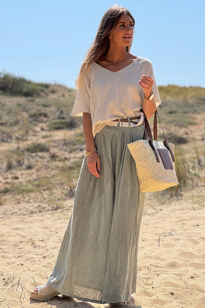 Pantalon kaki délavé en coton très large et évasé avec ceinture