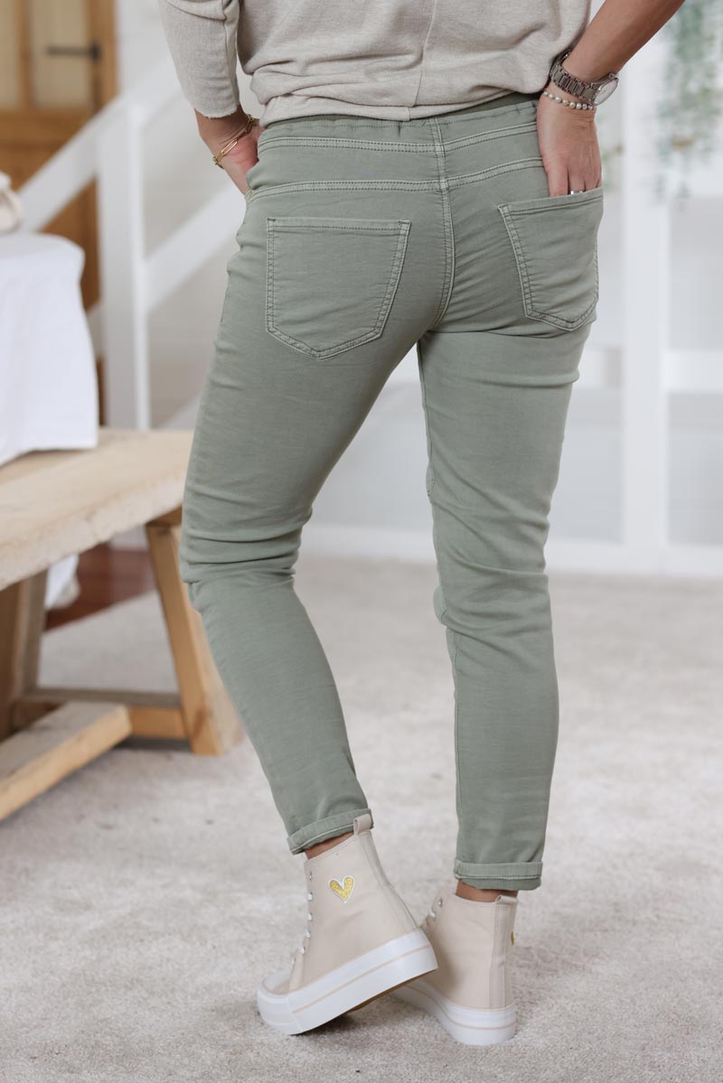 Pantalon kaki en toile stretch ceinture elastique rayee brillante h004 (1)
