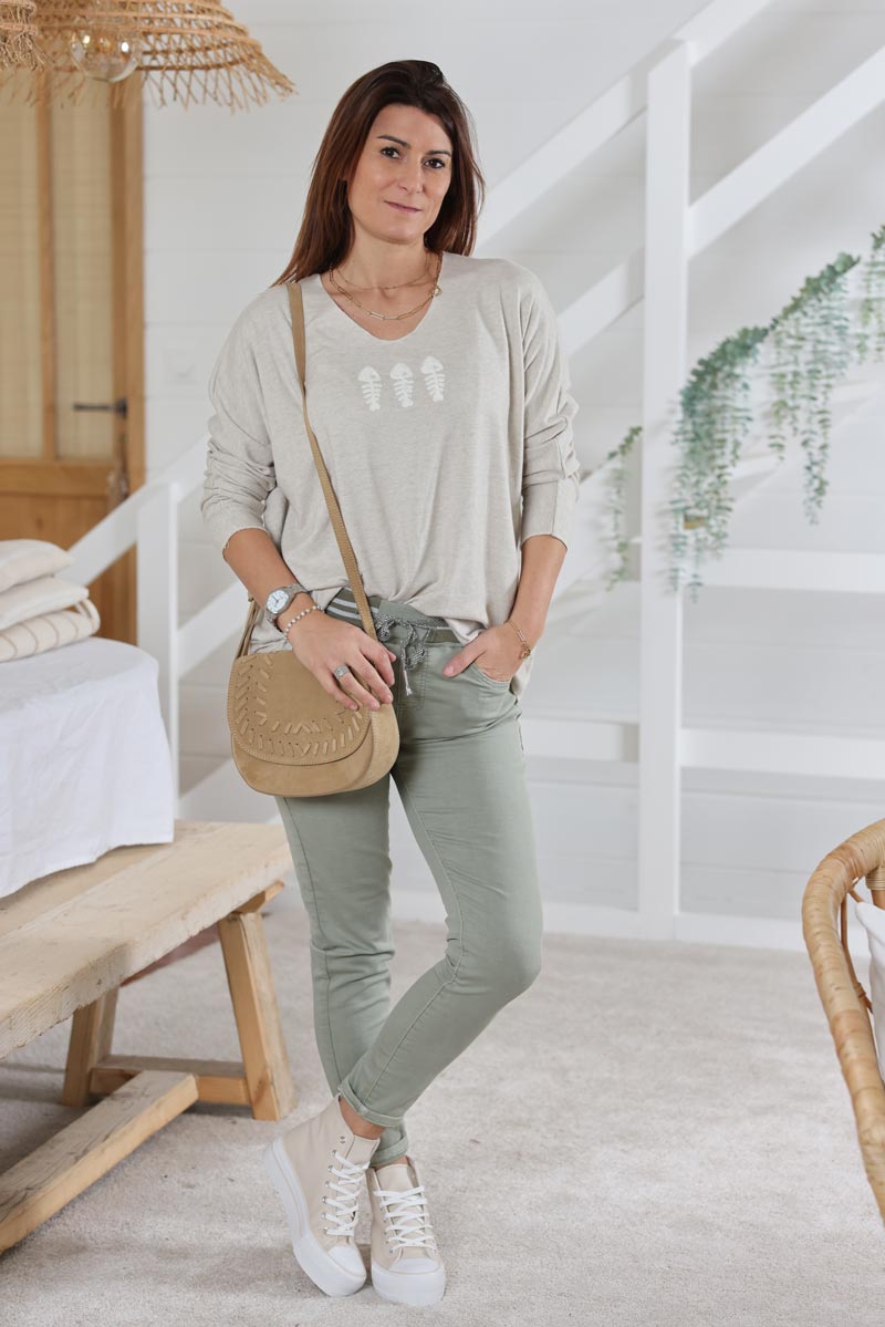 Pantalon kaki en toile stretch ceinture elastique rayee brillante h004 (1)