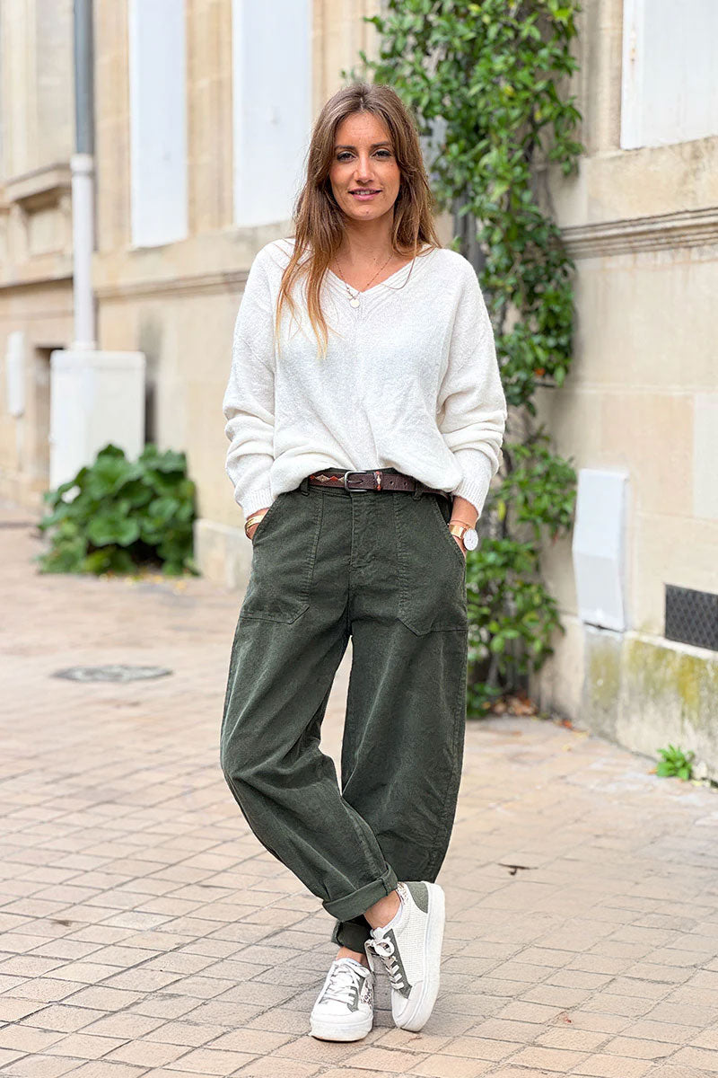 Olive Corduroy Carpenter Pants with Belt