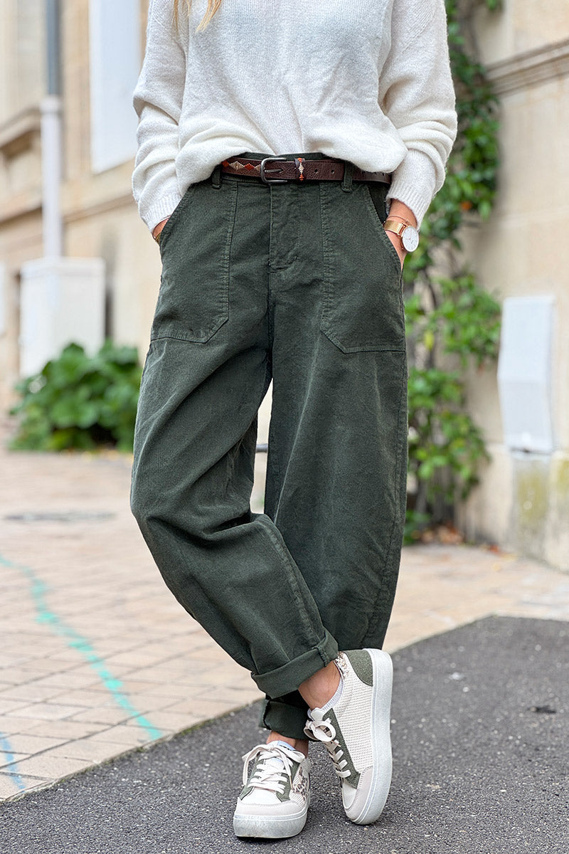 Pantalon kaki en velours côtelé coupe ballon avec ceinture broderie aztèque
