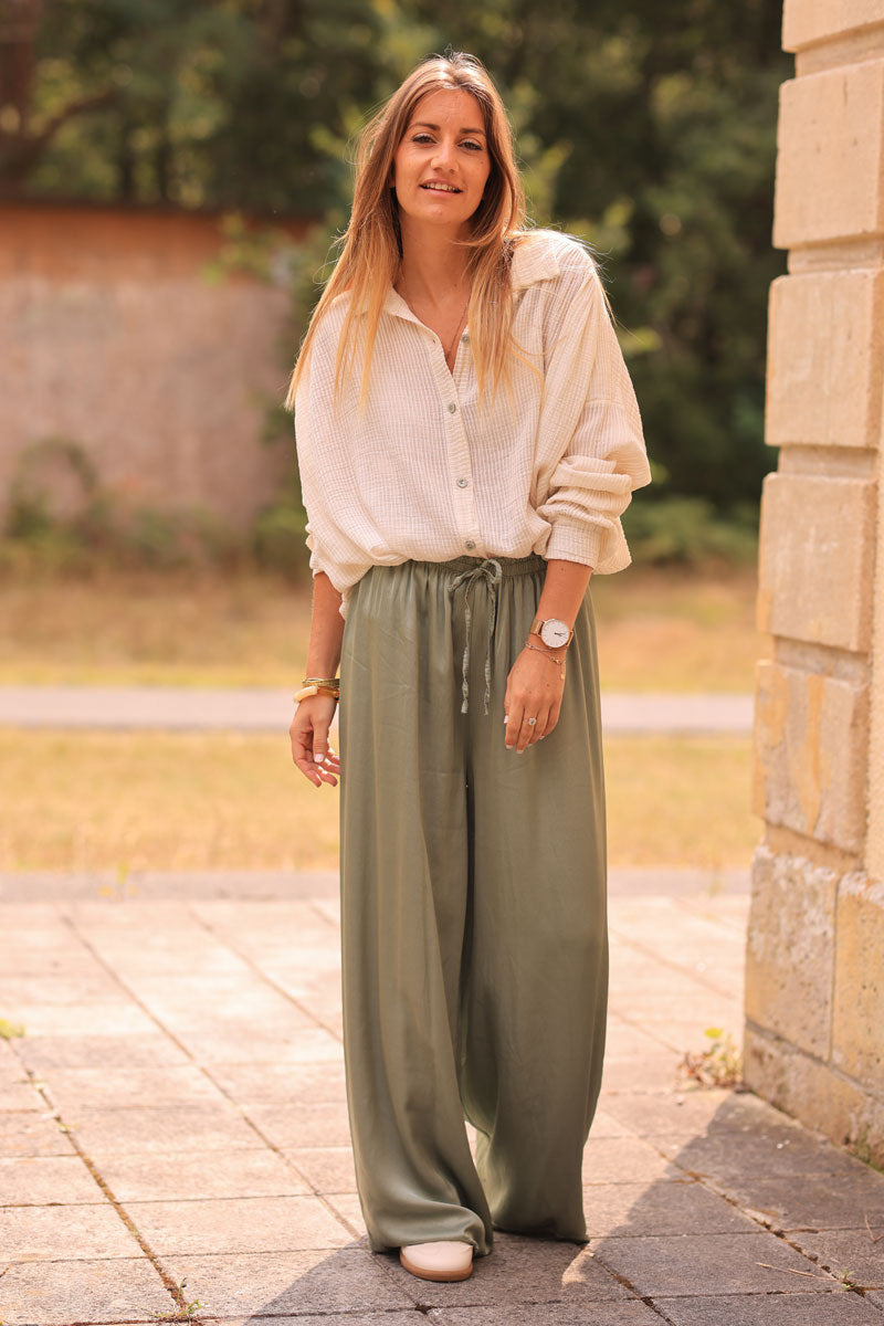Olive silky wide-leg floaty pants