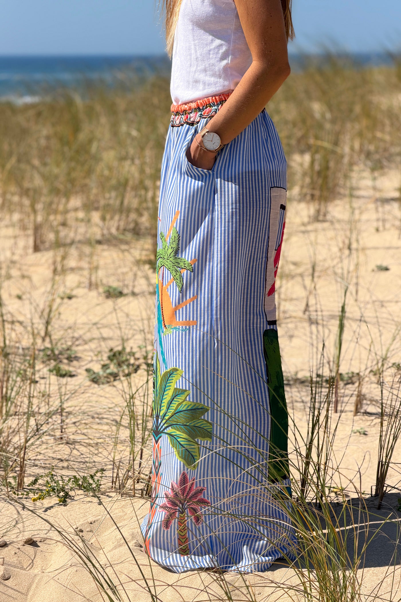 Blue Tropical Stripe Pull-On Pants