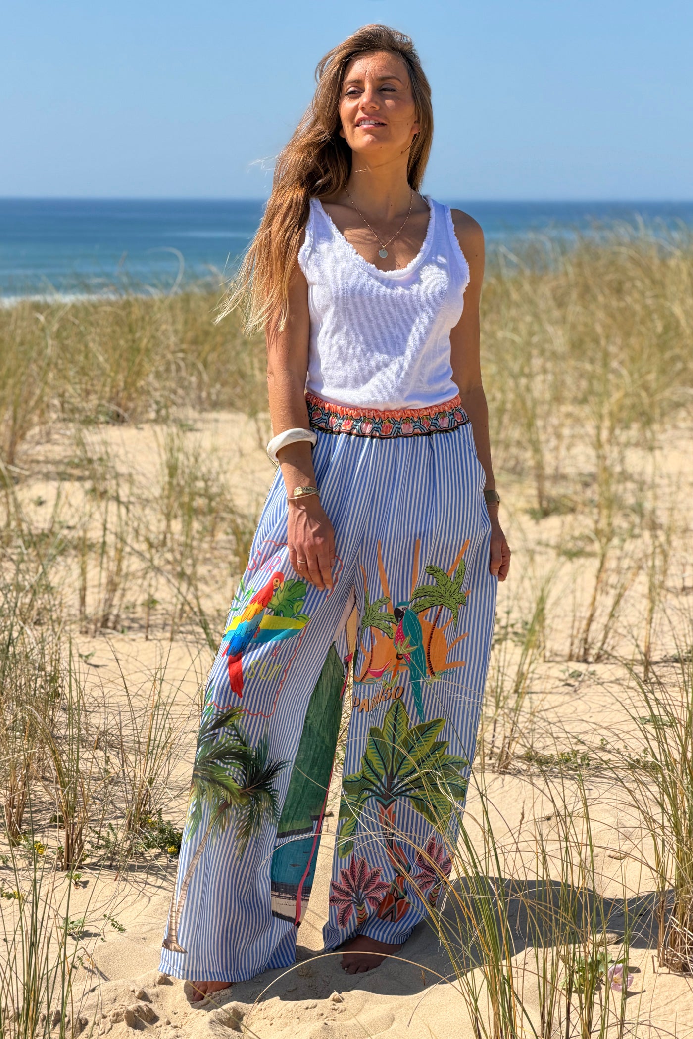 Blue Tropical Stripe Pull-On Pants
