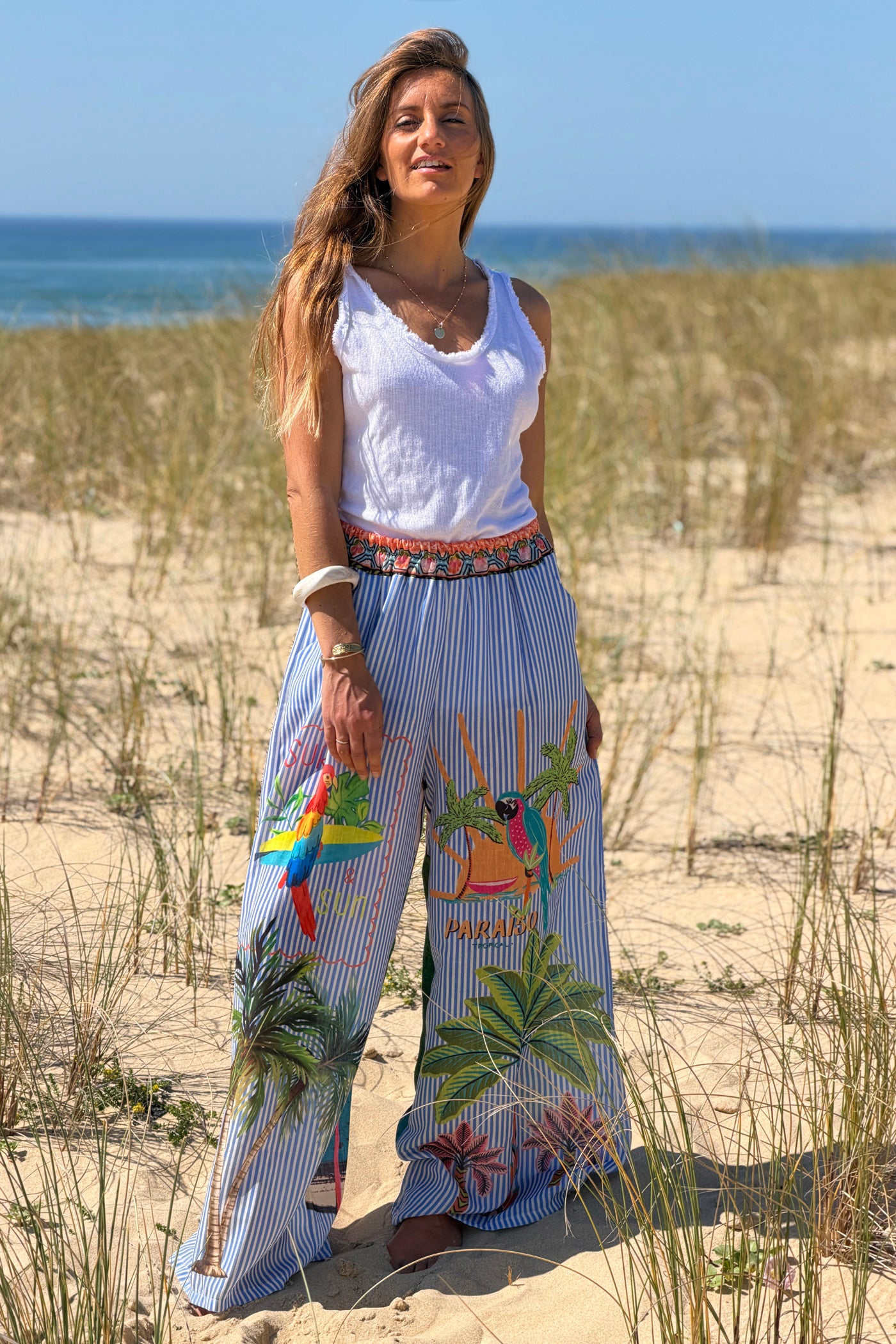 Blue Tropical Stripe Pull-On Pants