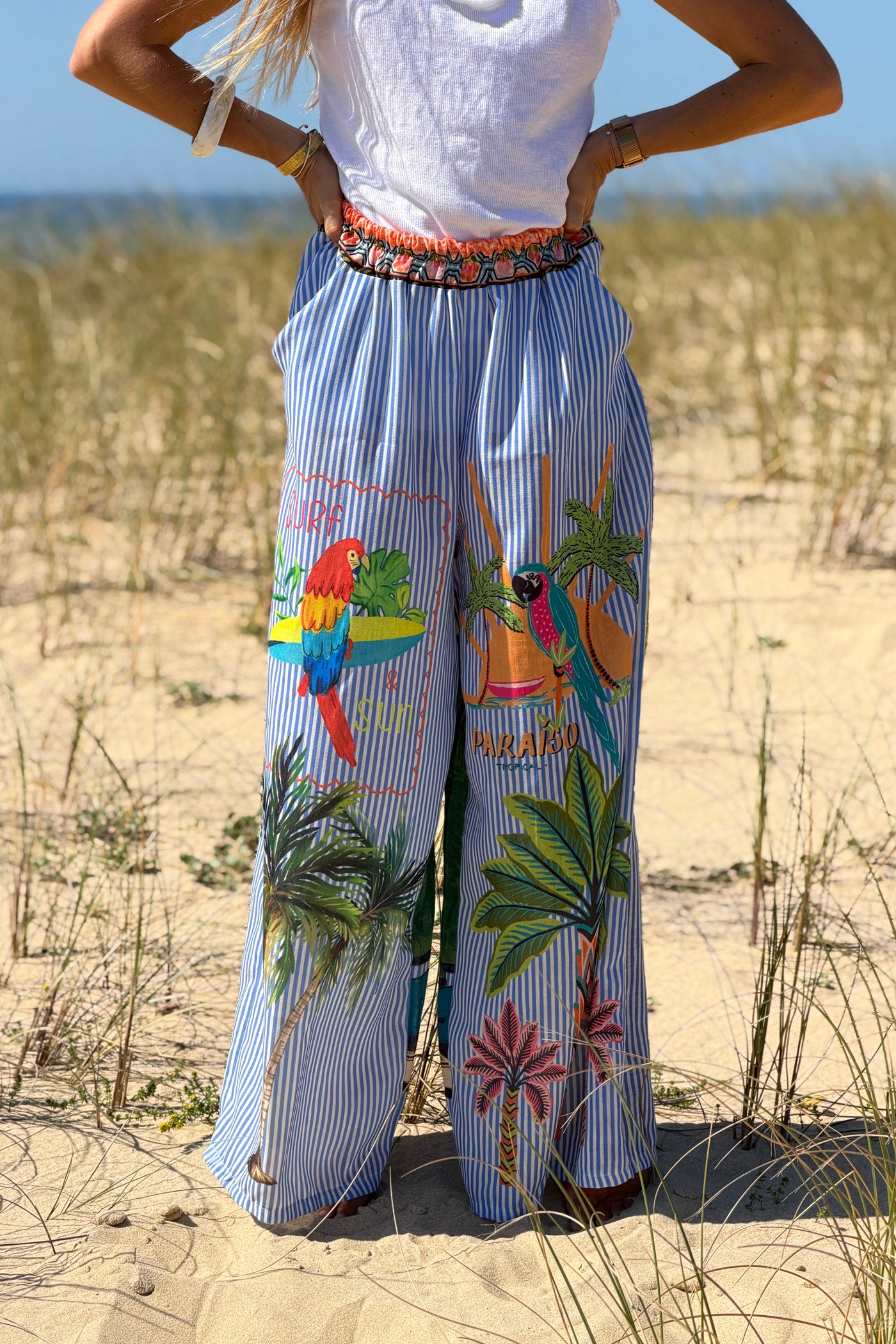 Blue Tropical Stripe Pull-On Pants