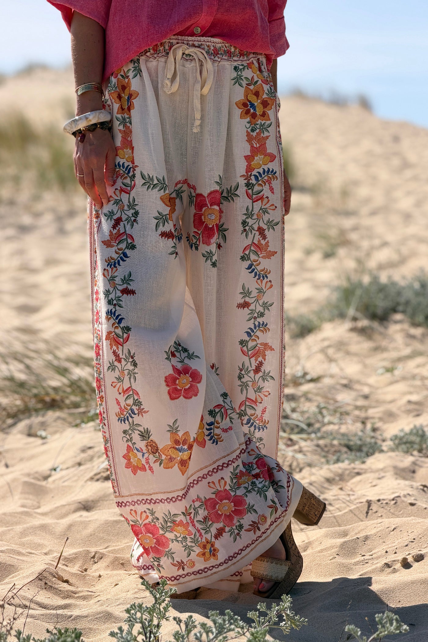 Cream Floral Border Print Pull-On Pants