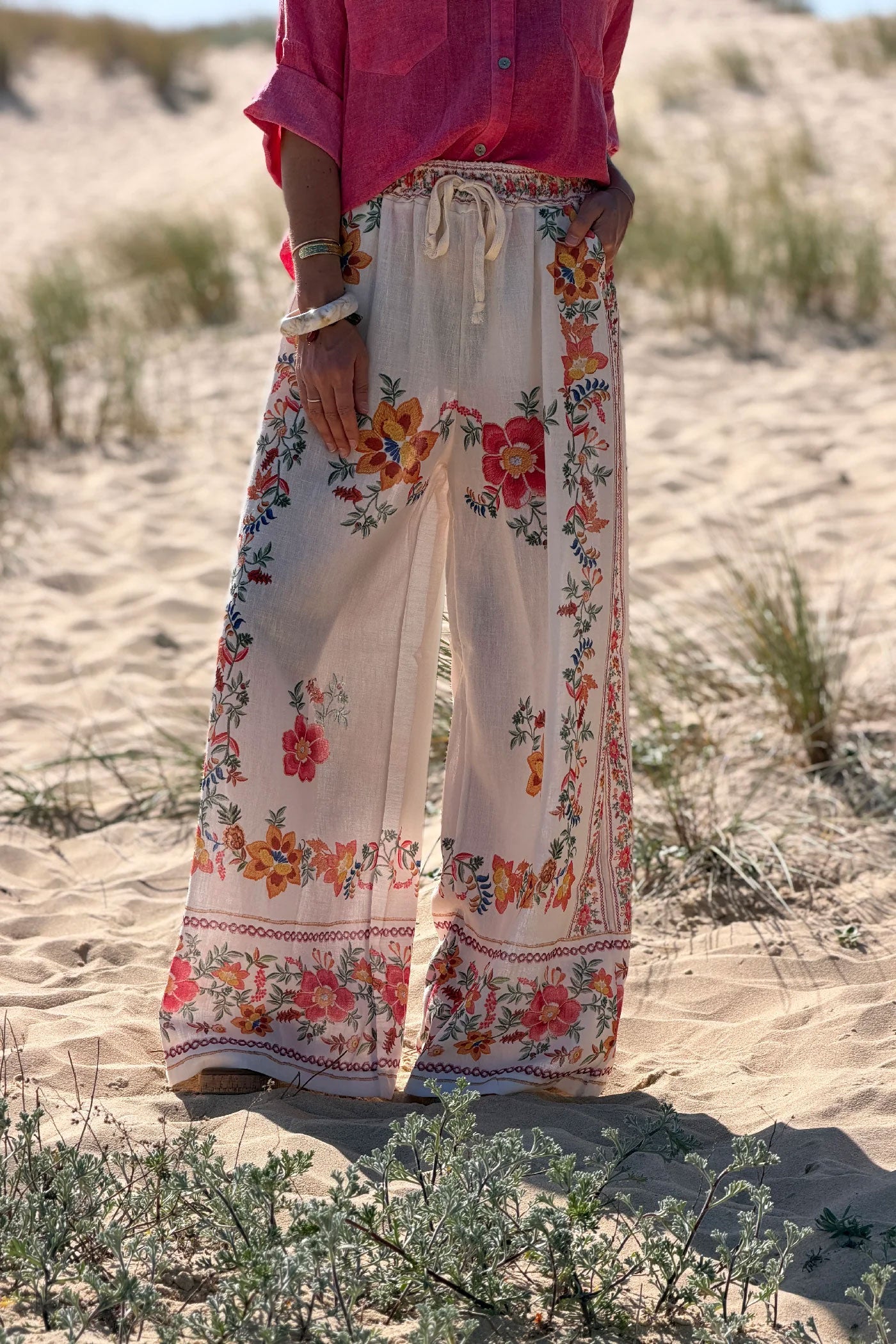 Cream Floral Border Print Pull-On Pants