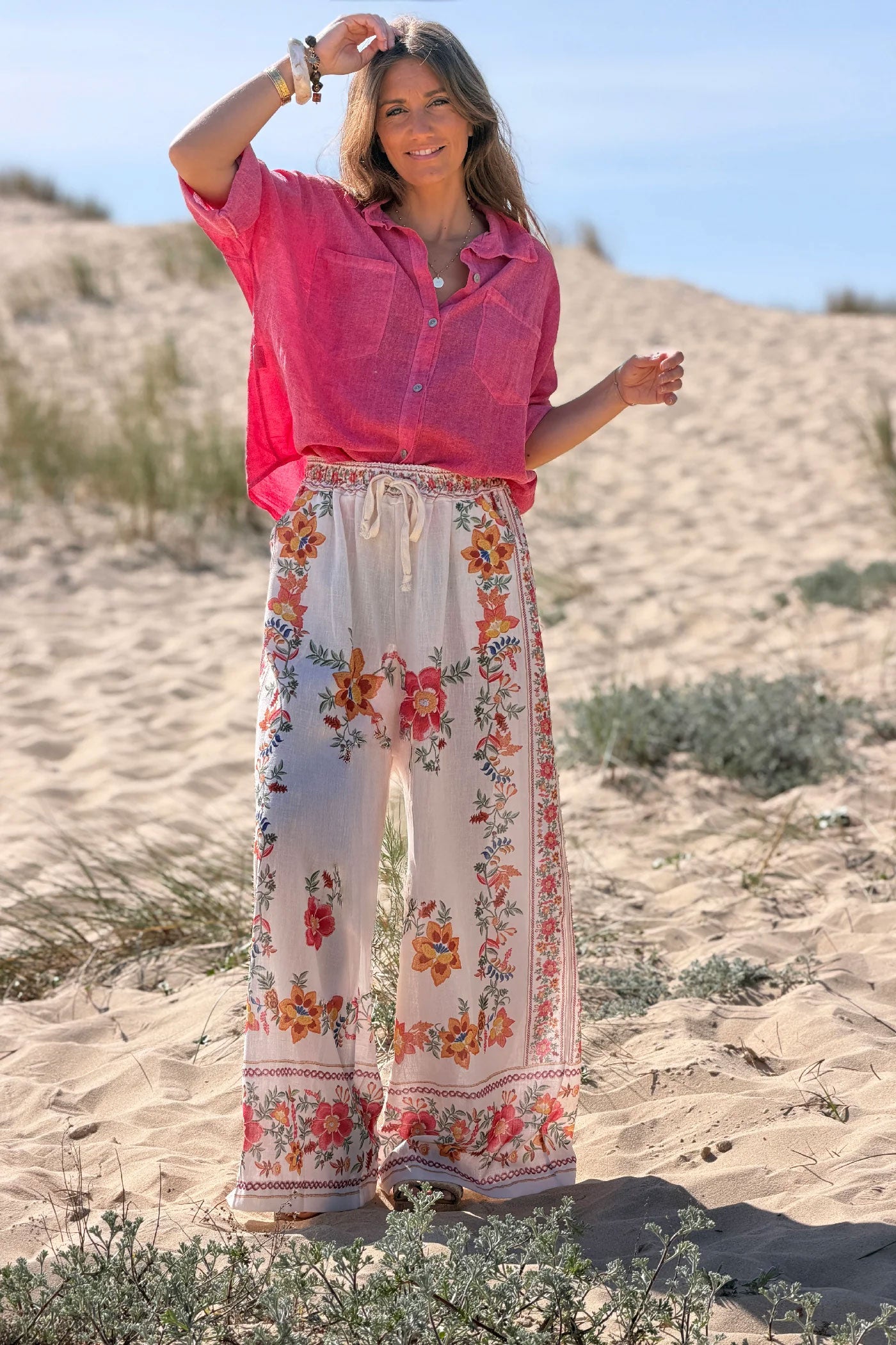 Cream Floral Border Print Pull-On Pants