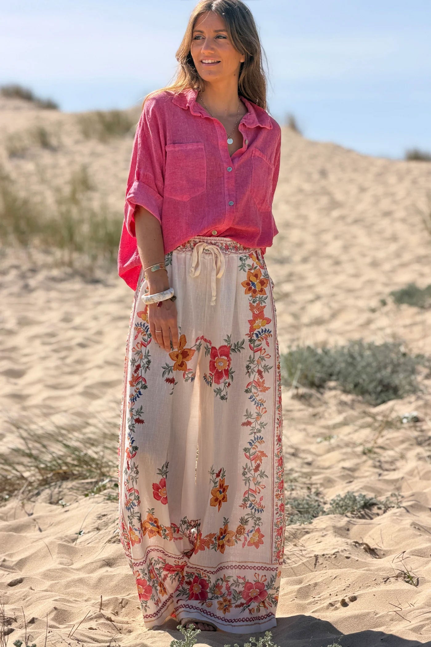 Cream Floral Border Print Pull-On Pants