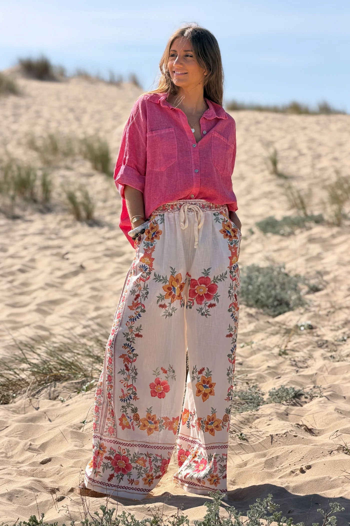 Cream Floral Border Print Pull-On Pants