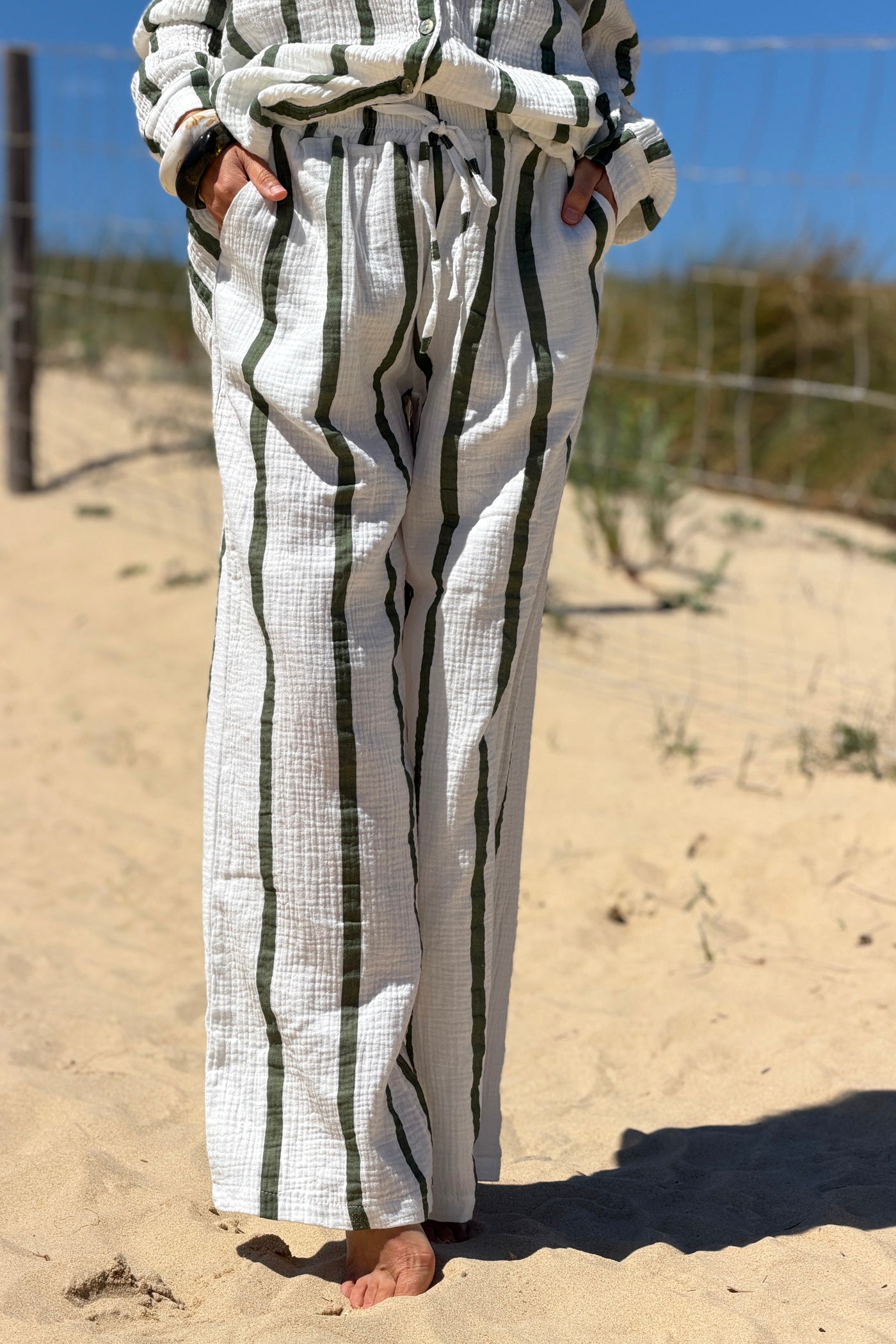 Forest Green Stripe Gauze Pull-On Pants