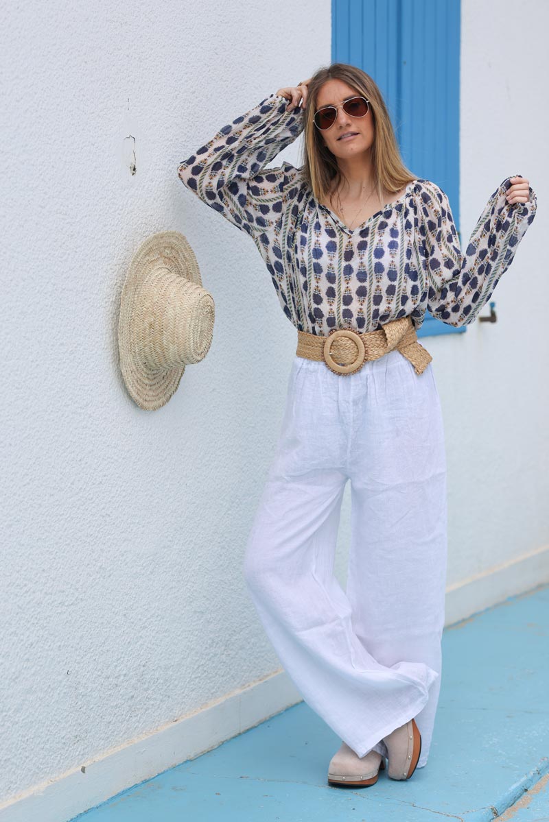 Pantalon large blanc en lin ceinture elastique H092 (1)