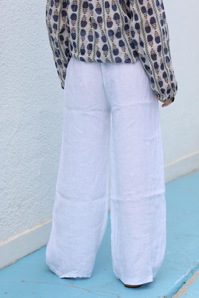 Pantalon large blanc en lin ceinture elastique H092 (1)