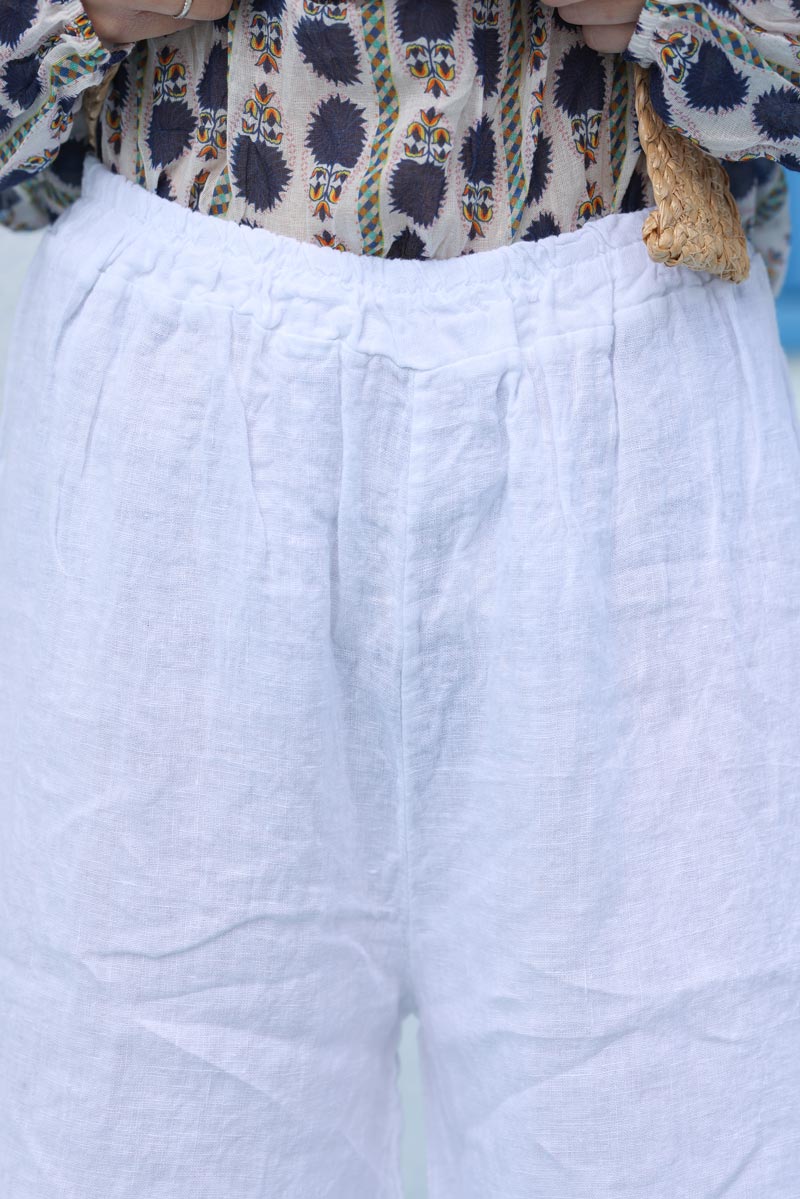 Pantalon large blanc en lin ceinture elastique H092 (1)