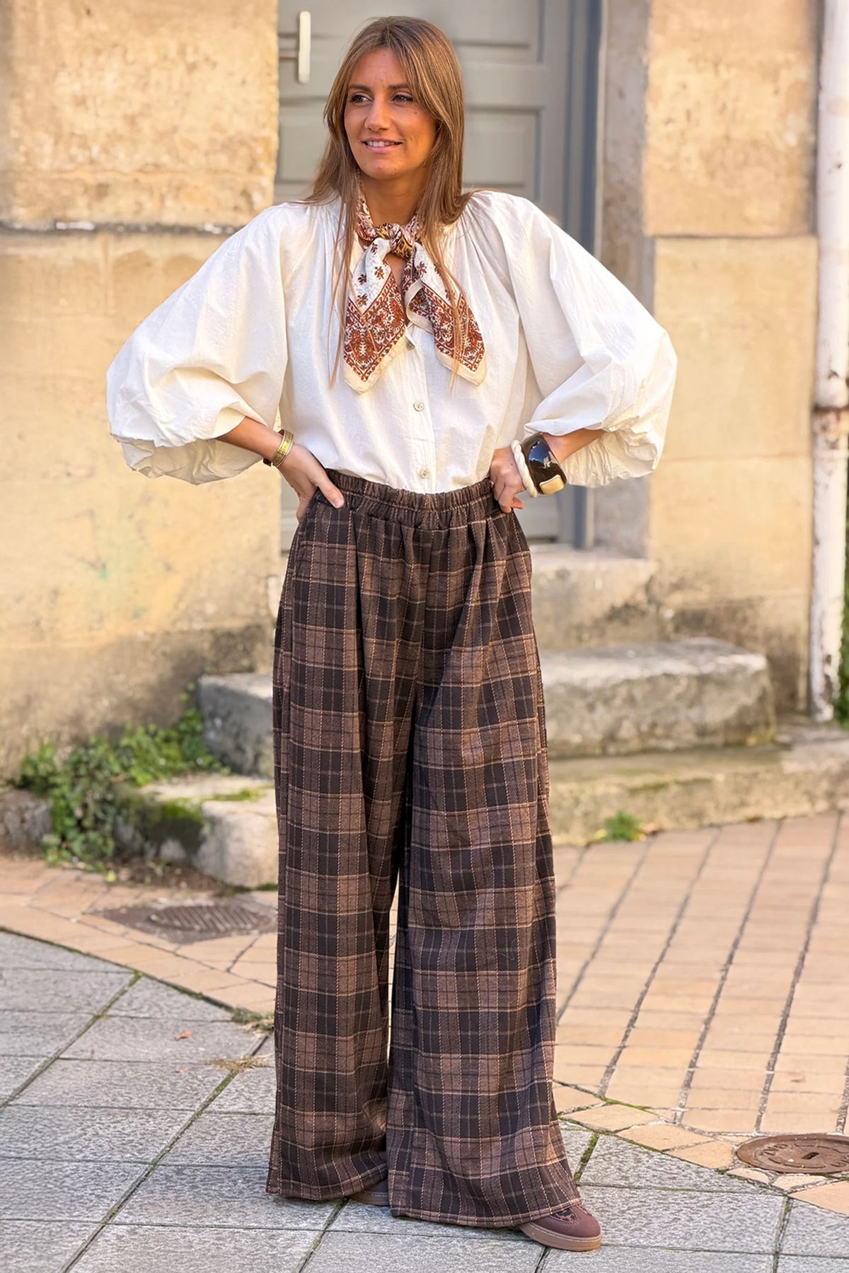 Brown Plaid Wide-Leg Pull-On Trousers