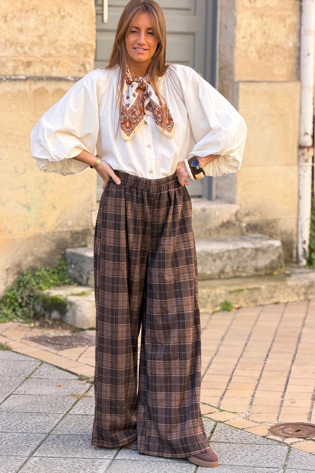 Pantalon large doux en flanelle à carreaux Ecossais marron taille élastique
