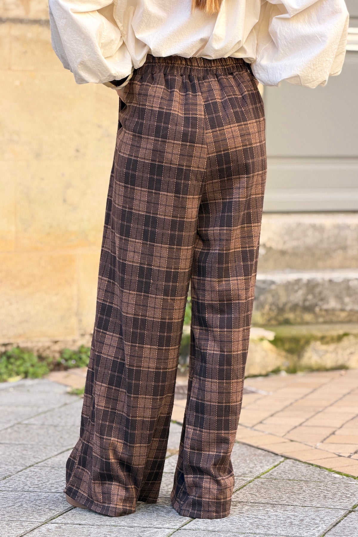 Pantalon large doux en flanelle à carreaux Ecossais marron taille élastique